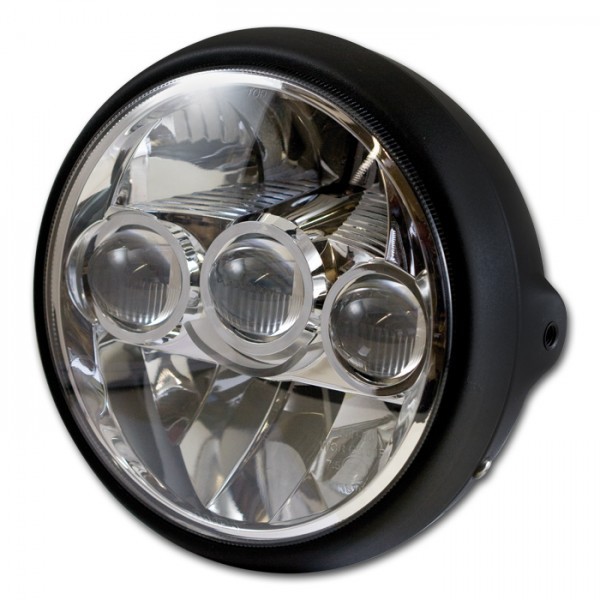 LED-Scheinwerfer 7", FARGO, mattschw, M8 seitlich, Chromreflektor, British Style, E-geprüft